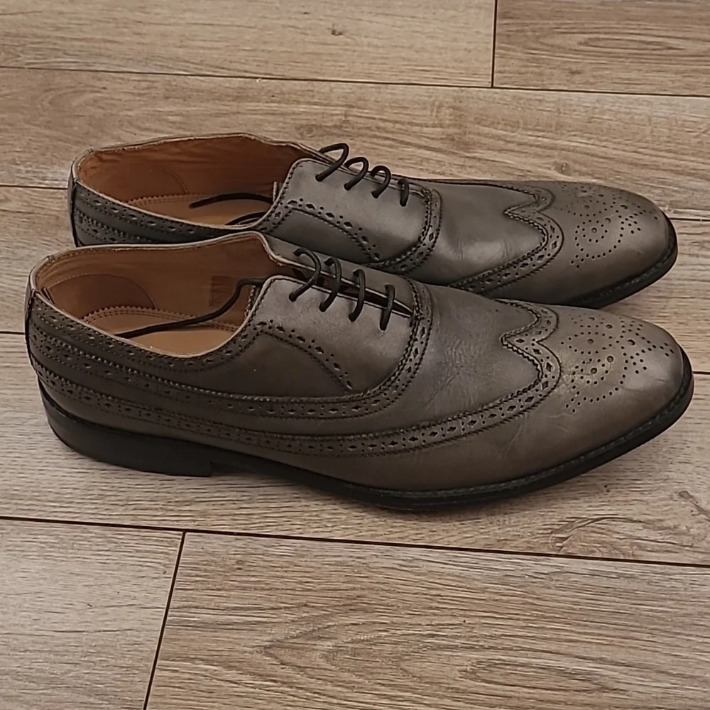 BEN SHERMAN Henry Grey Leather Classy Sz 11 Mens Long‎ Wing Tip Shoes